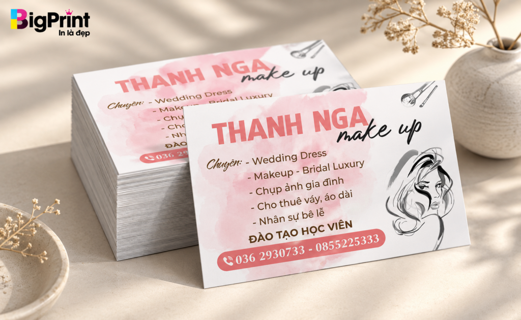 Mẫu card visit makeup Thanh Nga in giấy couche cán mờ 2 mặt, thiết kế sang trọng, in card visit lấy